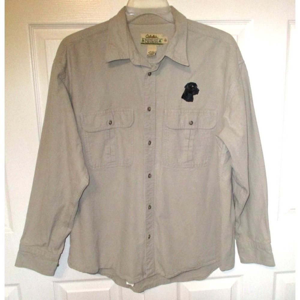 Vintage Cabelas Tan‎ Heavy Chamois Shirt Mens XL Black Lab Dog Embroidered